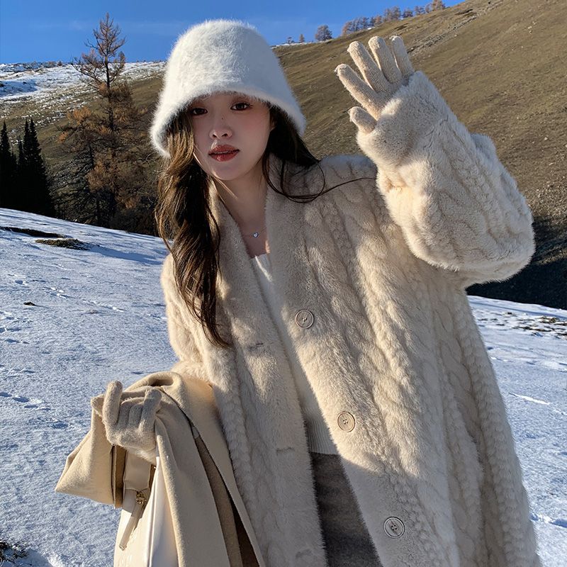 Women's Faux Mink Long Coat Polo Collar One Size Winter Layer