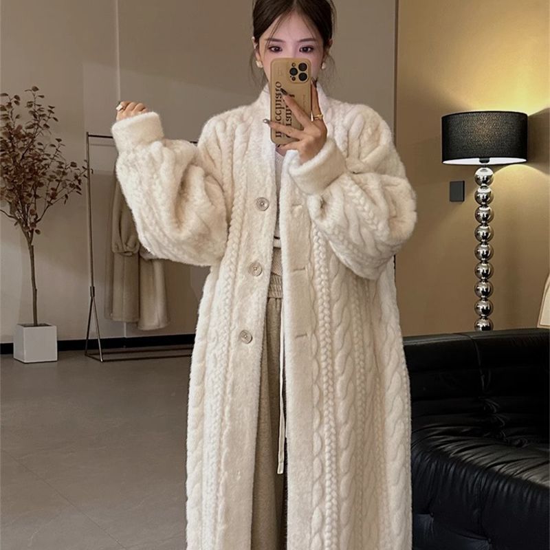 Women's Faux Mink Long Coat Polo Collar One Size Winter Layer