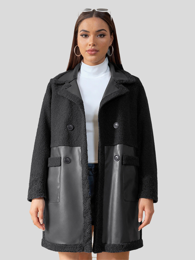 Women's Long Faux Leather Coat Square Collar Fleece Lined
