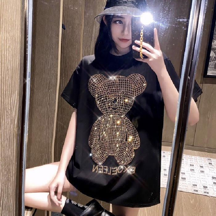 Gold Rhinestone Shiny T-Shirt – Mid-Length Short Sleeve