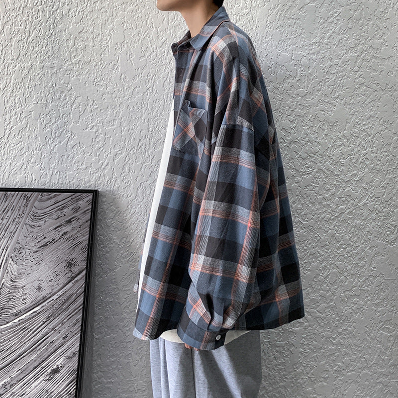 Men’s Korean-Style Long Sleeve Plaid Casual Shirt