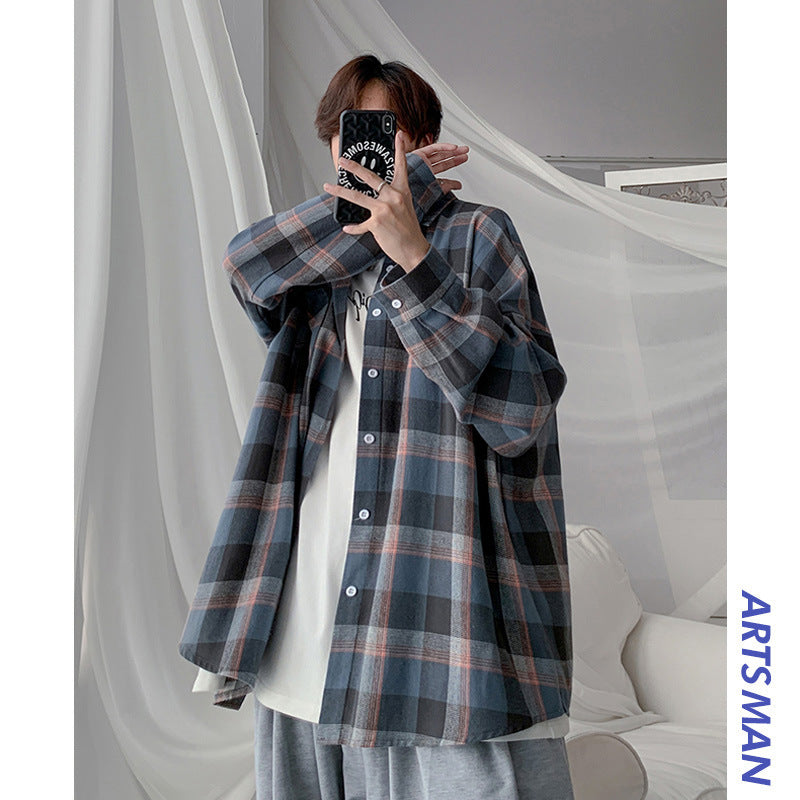 Men’s Korean-Style Long Sleeve Plaid Casual Shirt