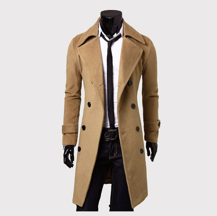 Men’s Long Wool Coat Slim Fit Double-Breasted Jacket