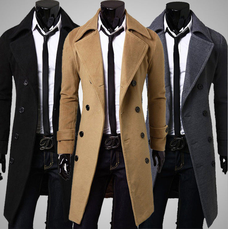 Men’s Long Wool Coat Slim Fit Double-Breasted Jacket