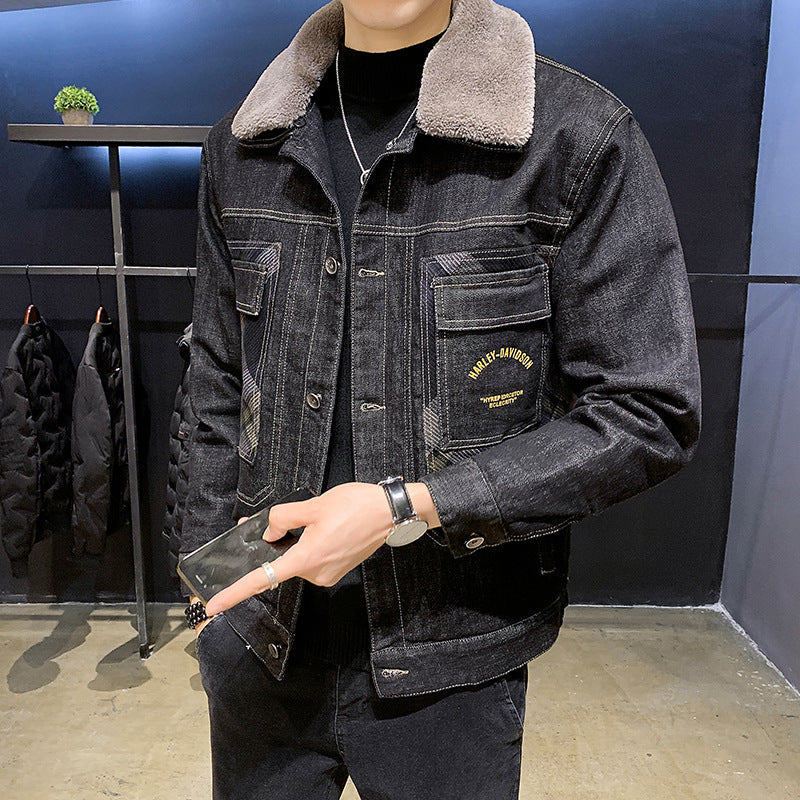 Men’s Winter Denim Jacket | Fleece-Lined Lamb Fur Slim Fit Coat