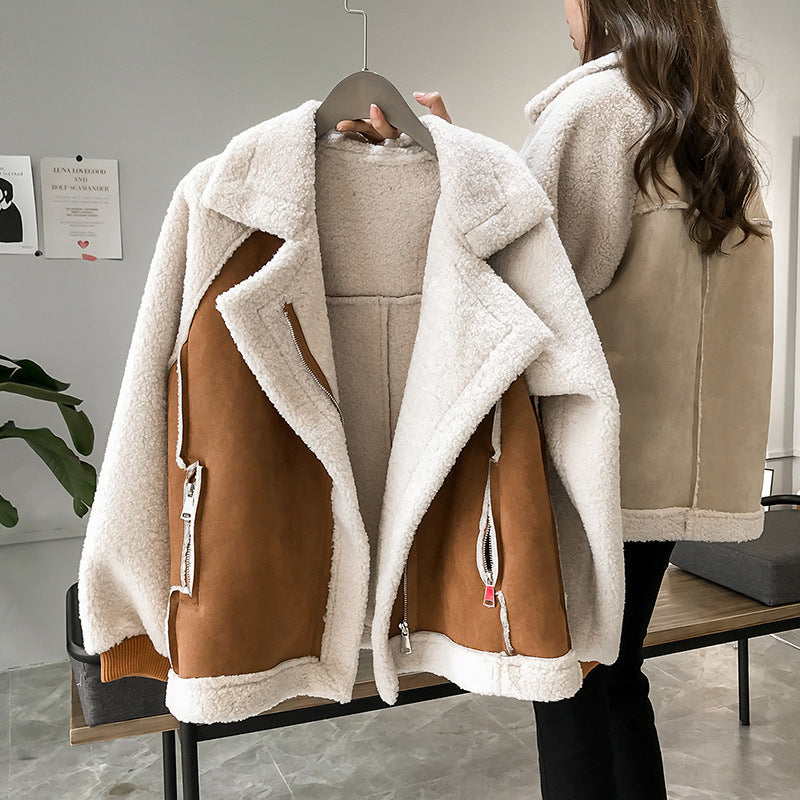 Women Short Suede Fur Jacket Cashmere Motorcycle Style