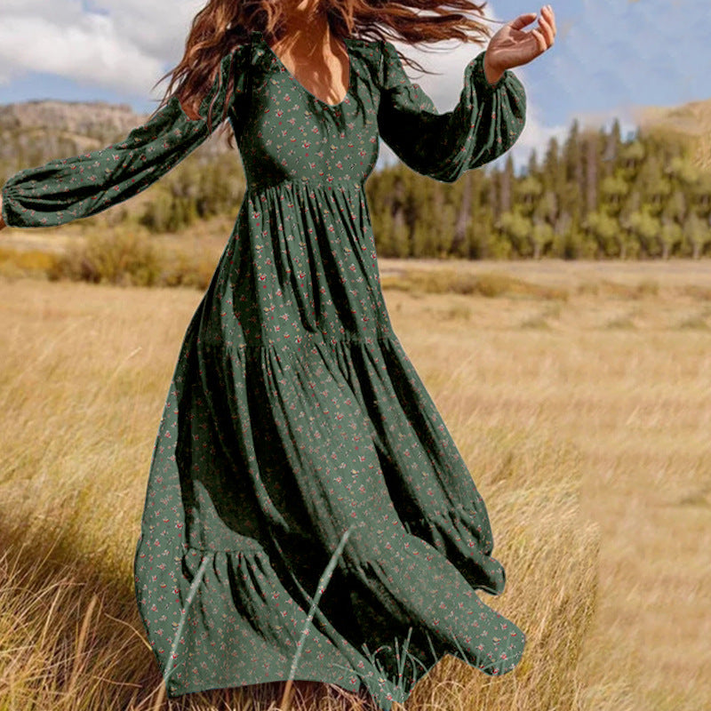 Women’s V-Neck Chiffon Swing Dress – Autumn Winter Elegant