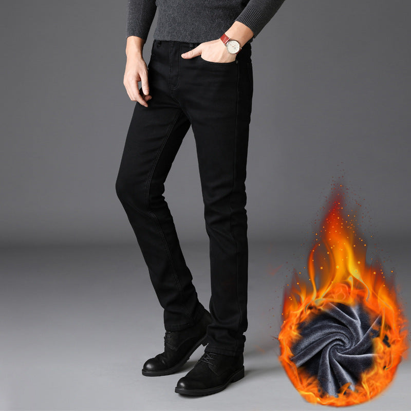 STOCK-Men's Warm Plush Slim Black Jeans