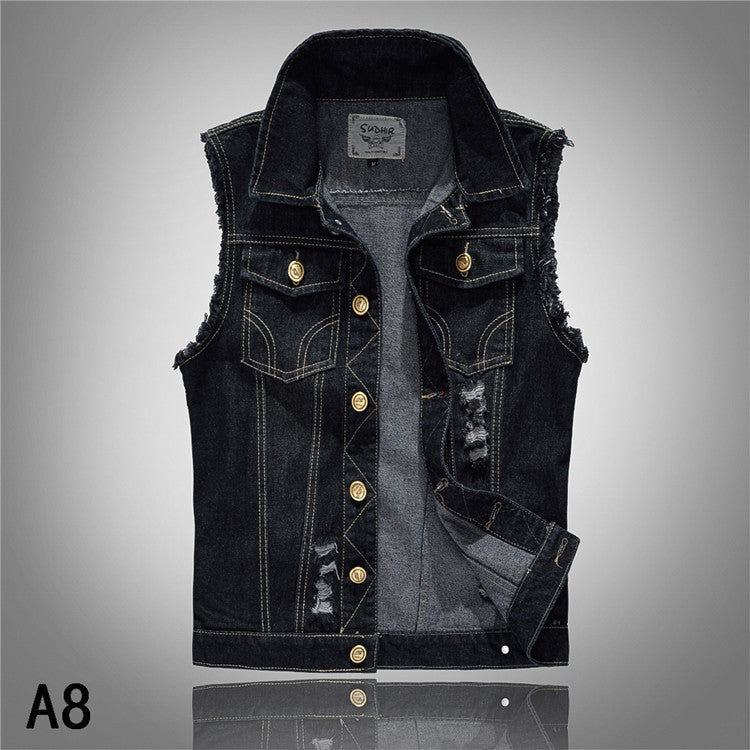Men’s Vintage Washed Denim Vest – Casual Sleeveless Jacket