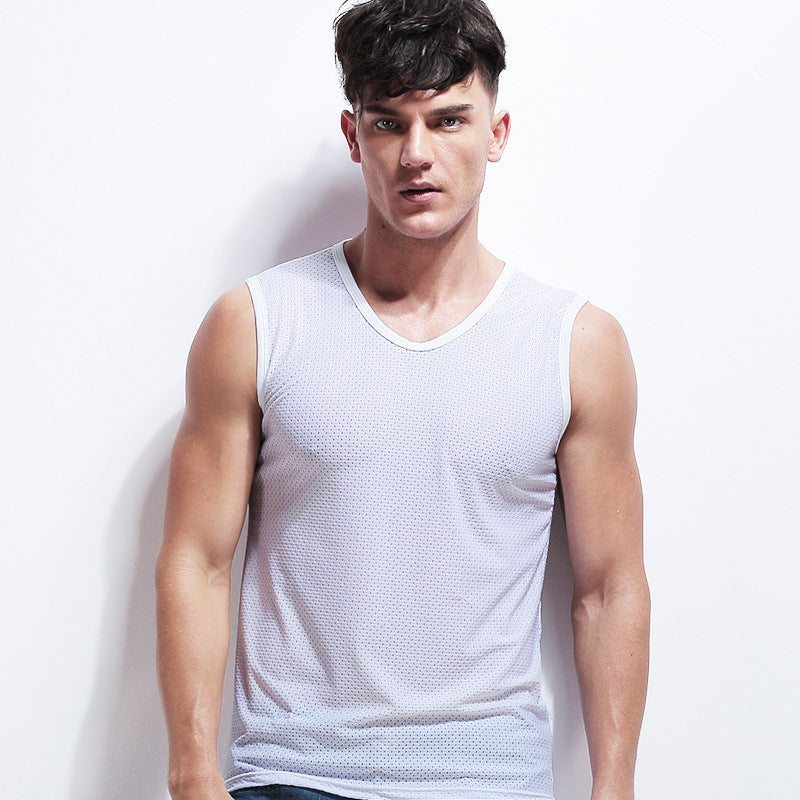 Men's Ice Silk Mesh V-Neck Breathable Sports Vest Shirt