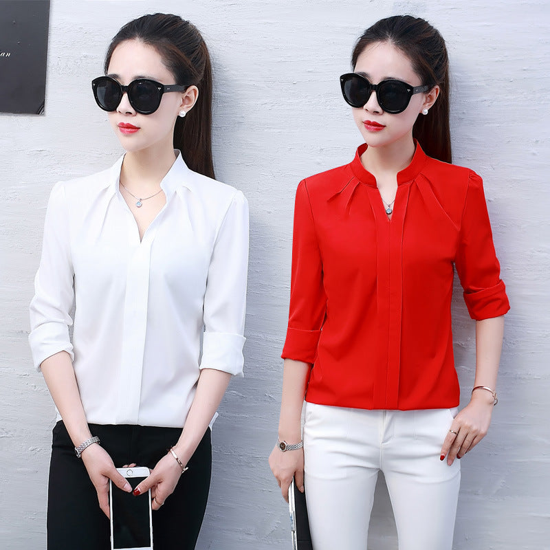 Korean Style Red Chiffon Shirt Long Sleeve Casual Fit