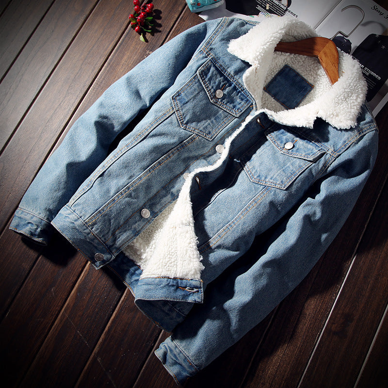 Men’s Winter Fleece-Lined Denim Jacket Slim Thickened