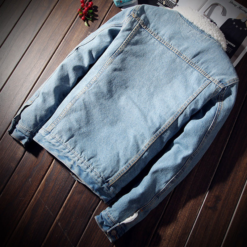Men’s Winter Fleece-Lined Denim Jacket Slim Thickened