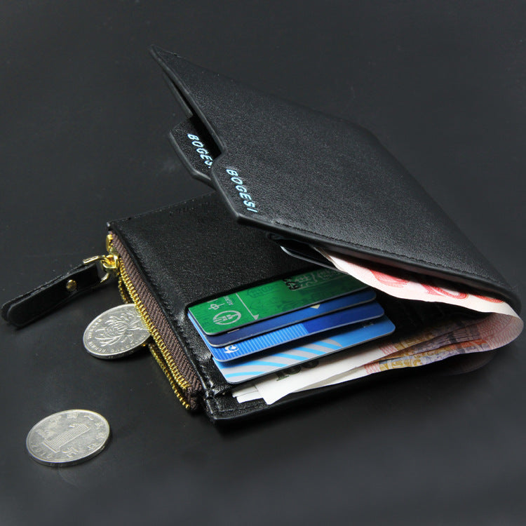 Men’s Short Wallet – Compact Silver Coin & License Zipper Purse