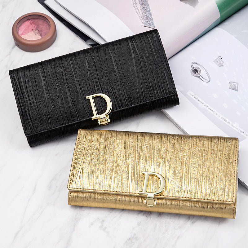 D Ring Genuine Leather Long Wallet Striped Cowhide Women