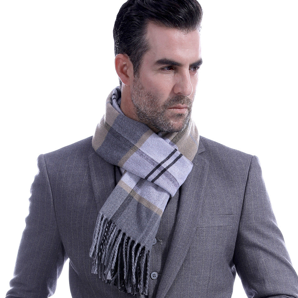 New Plaid Men’s Korean-Style Thick Warm Tassel Scarf