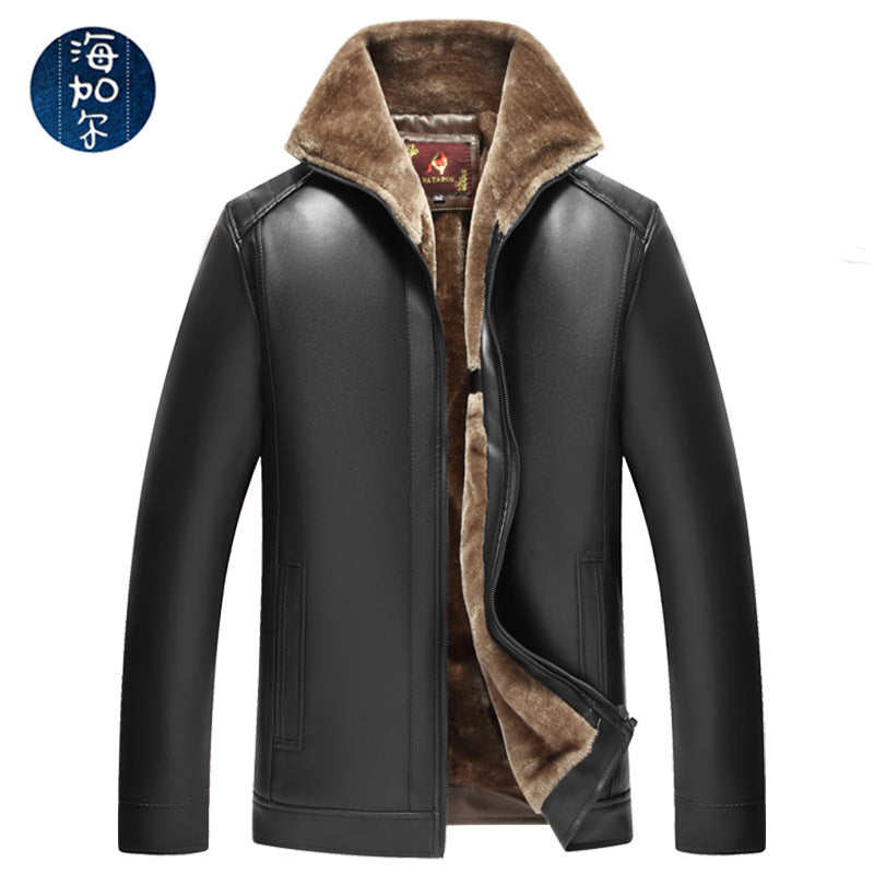 Men’s Autumn-Winter Thickened Fur Leather Jacket Stand-Collar