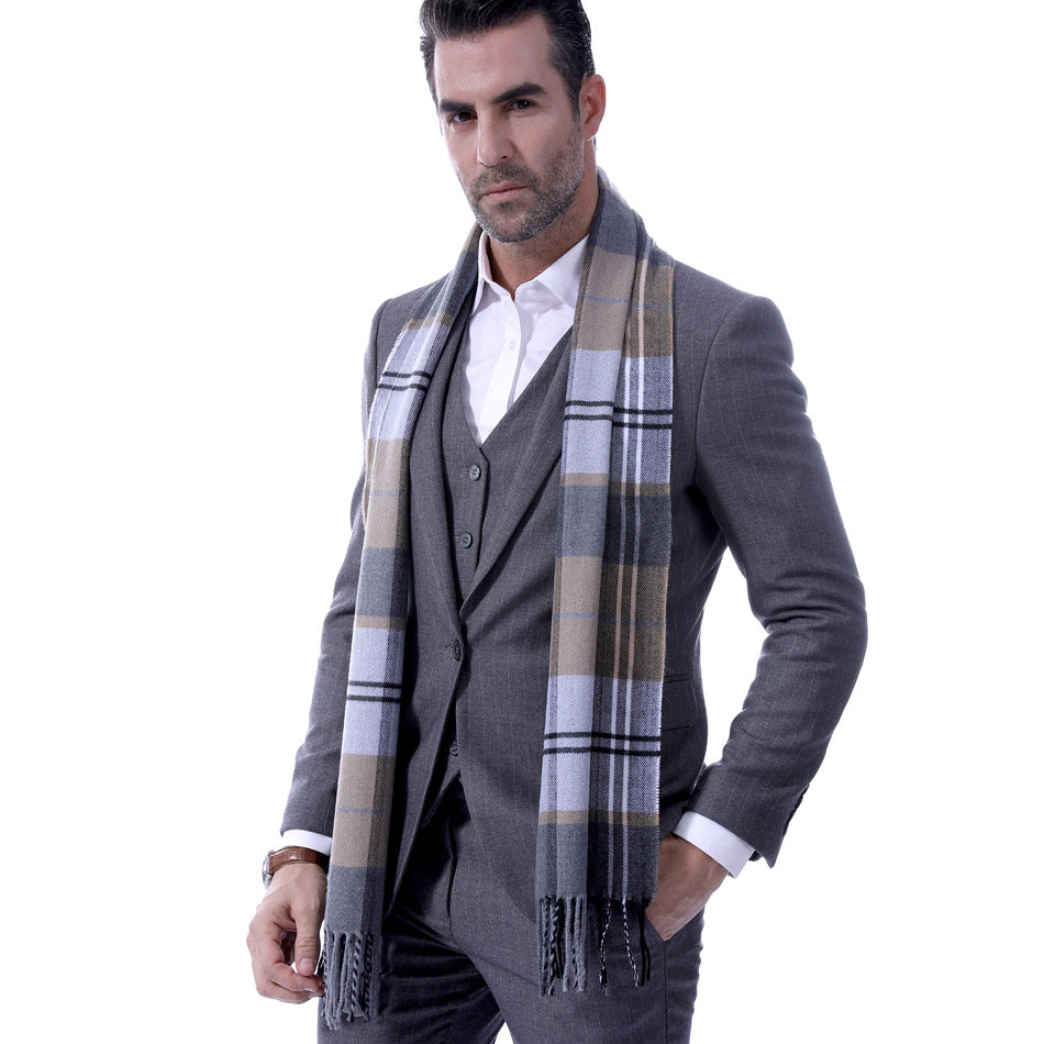 New Plaid Men’s Korean-Style Thick Warm Tassel Scarf