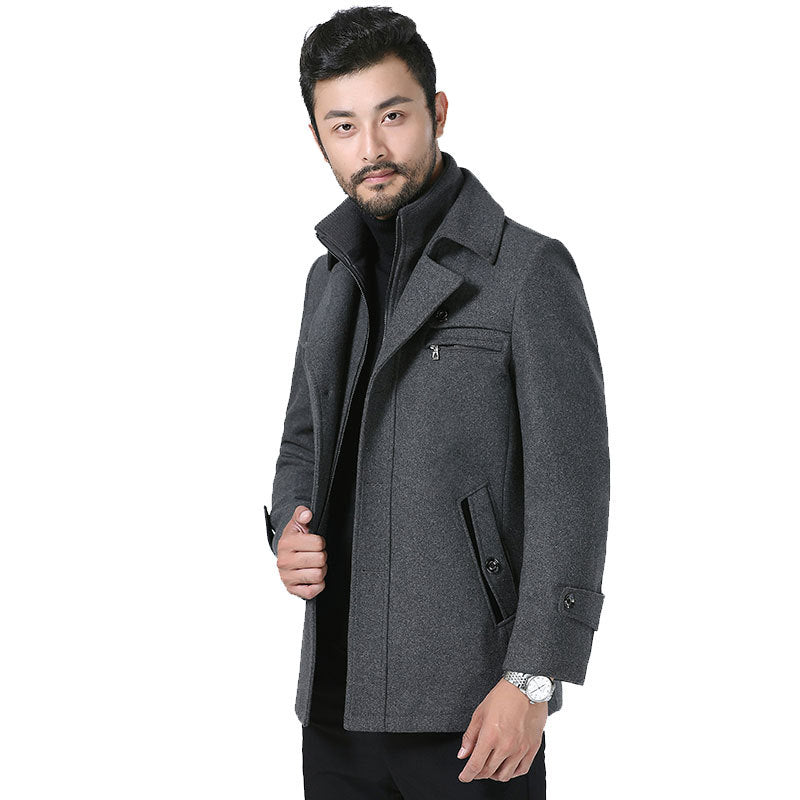 Men’s Black Thickened Double Collar Wool Coat