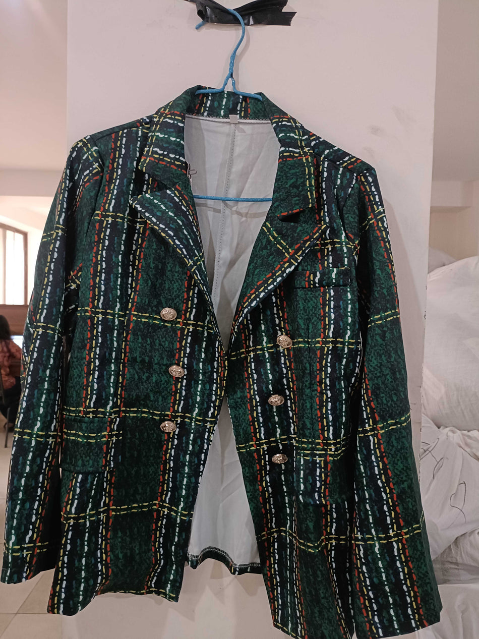 STOCK-Women's Double-Breasted Printed Blazer Long Sleeve Jacket