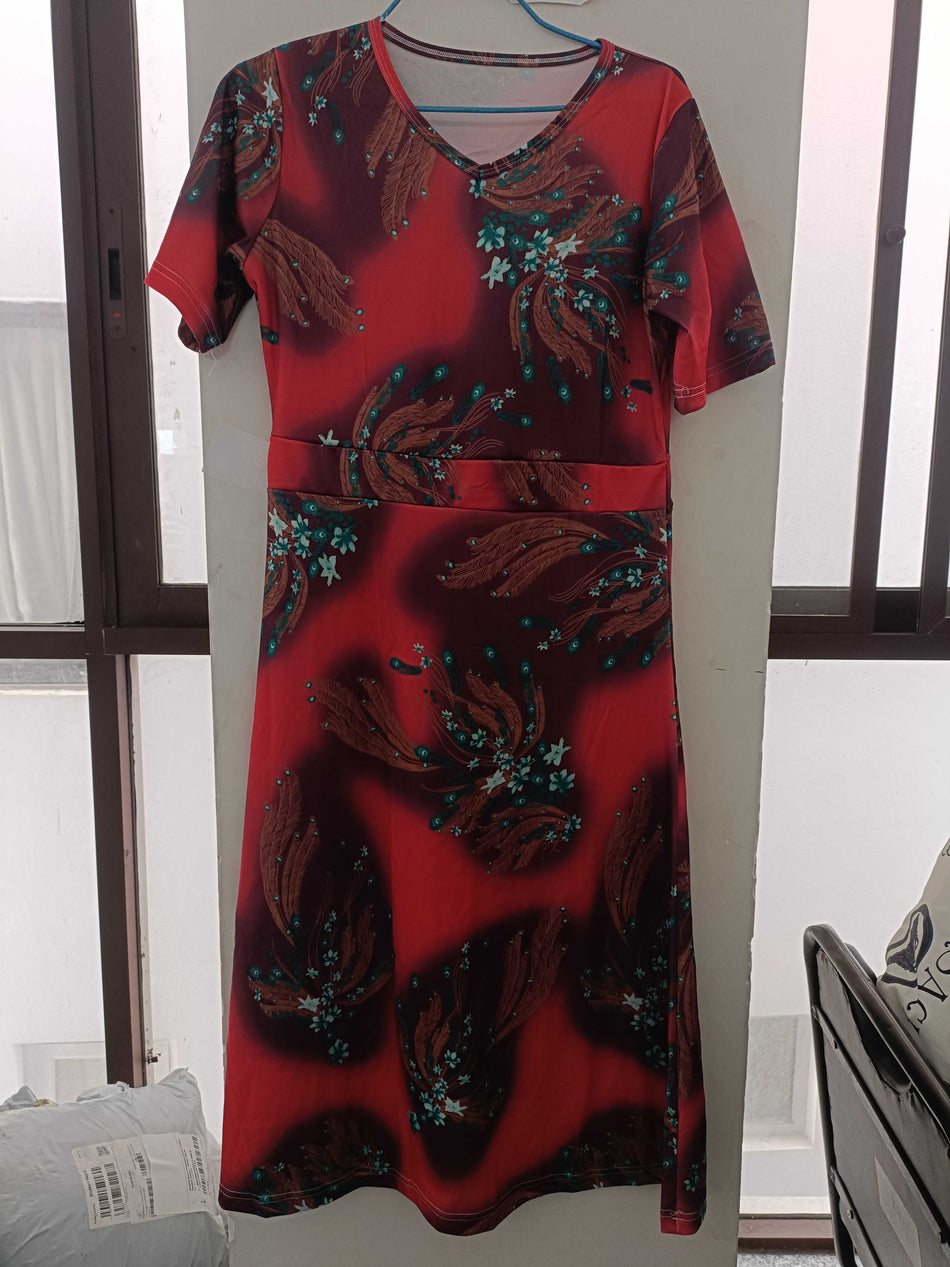 STOCK - Women's Printed Waist-Cinching Summer Dress
