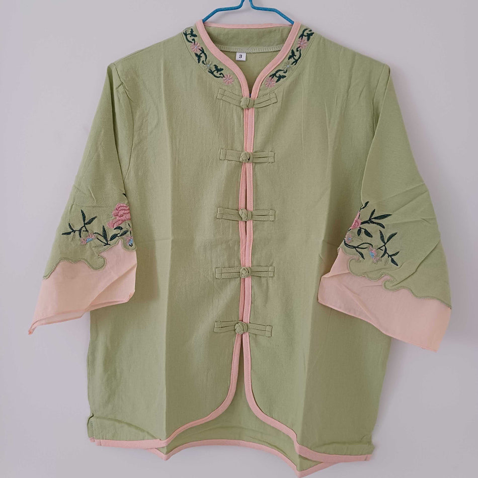 STOCK-Retro Embroidered Cotton-Linen Shirt