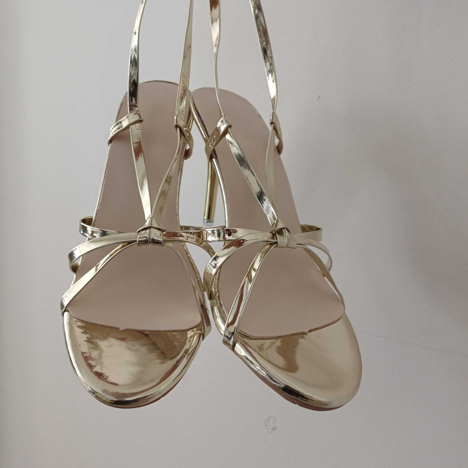 STOCK-Golden Strap Thin-Heel High Heels for Women