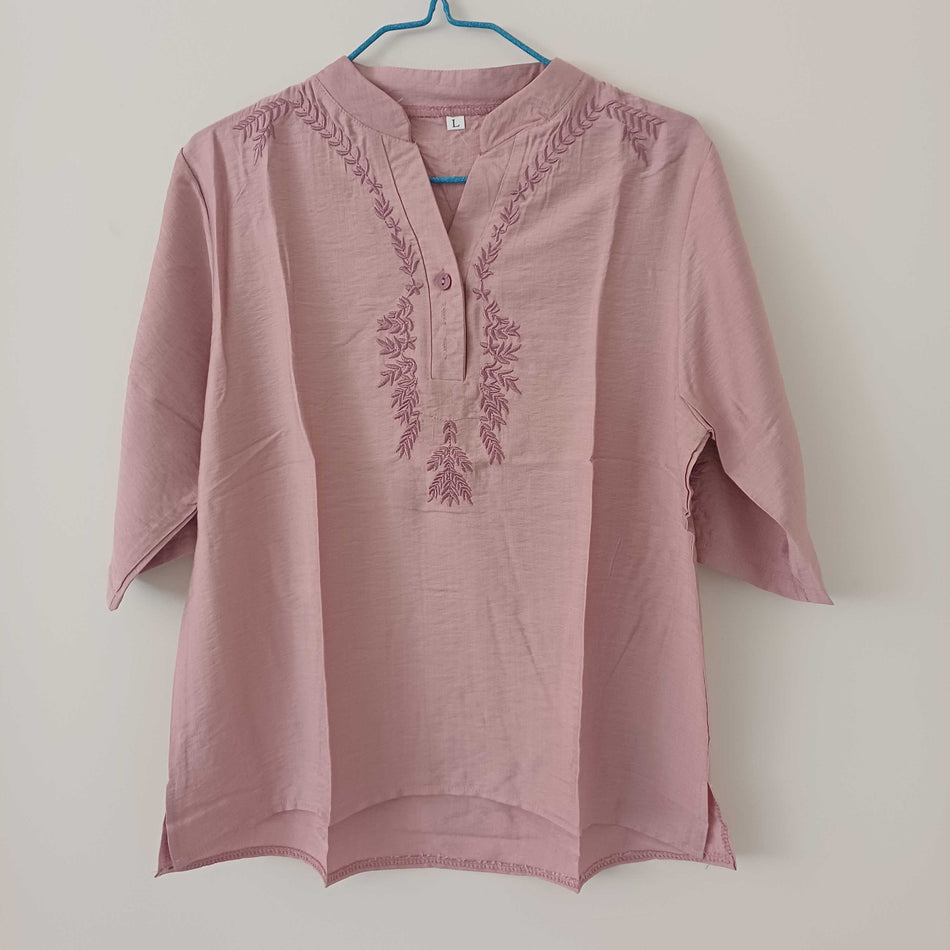 STOCK-Embroidered V-Neck Cotton Linen Shirt