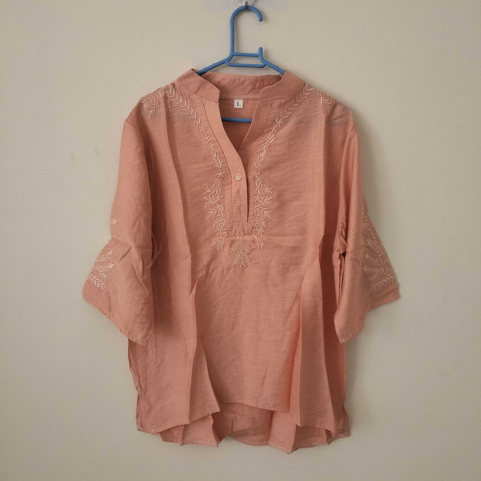 STOCK-Embroidered V-Neck Cotton Linen Shirt