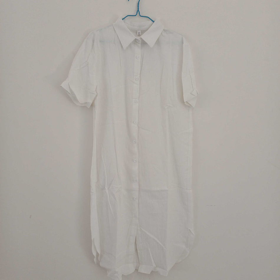 INSTOCK-Linen Shirt Dress – Loose Fit with Lace-Up Waist & Short