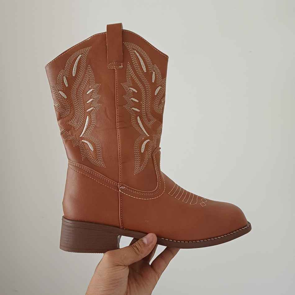 STOCK-Women’s Embroidered Cowboy Boots Thick Heel Mid-Calf