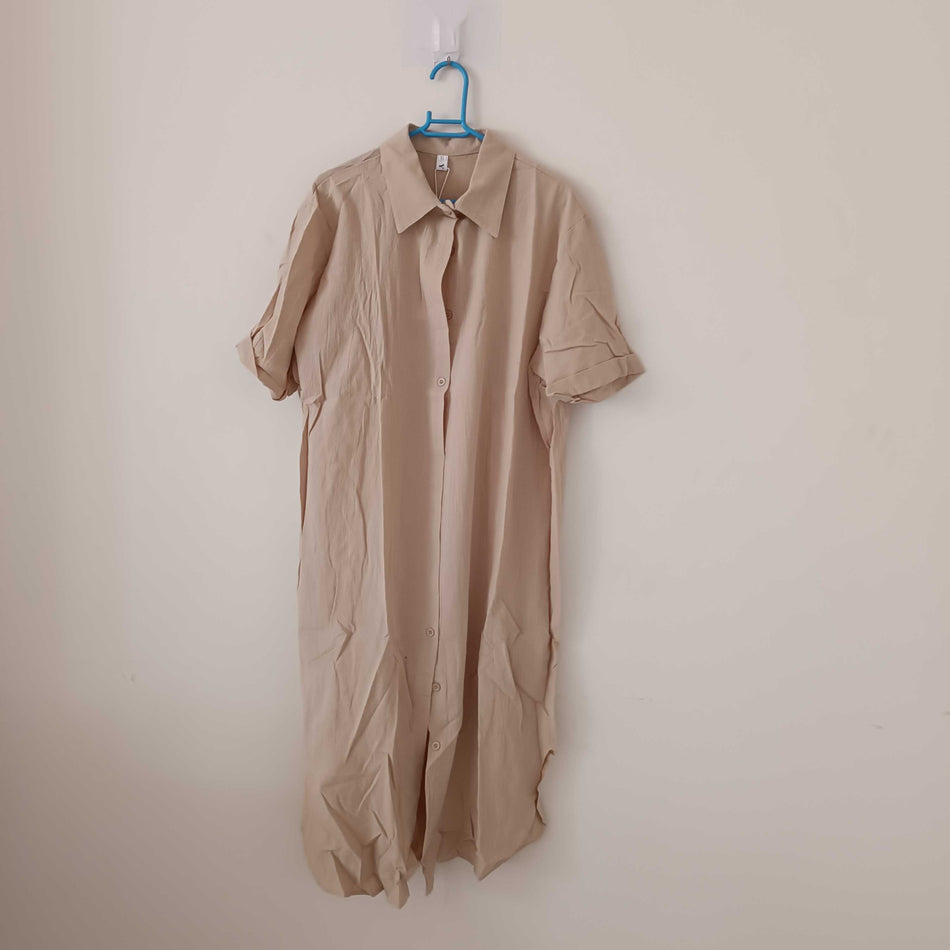 STOCK-Linen Shirt Dress – Loose Fit with Lace-Up Waist & Short
