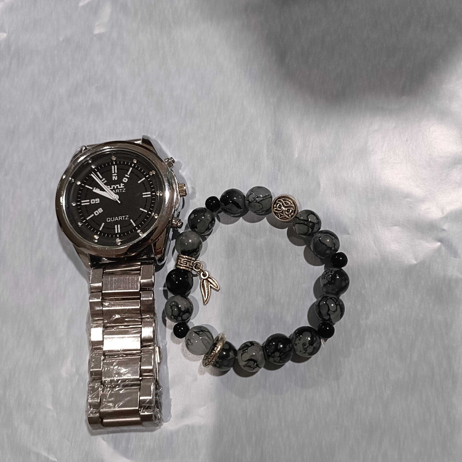 STOCK - Men's Stainless Steel Watch & Beaded Bracelet Set