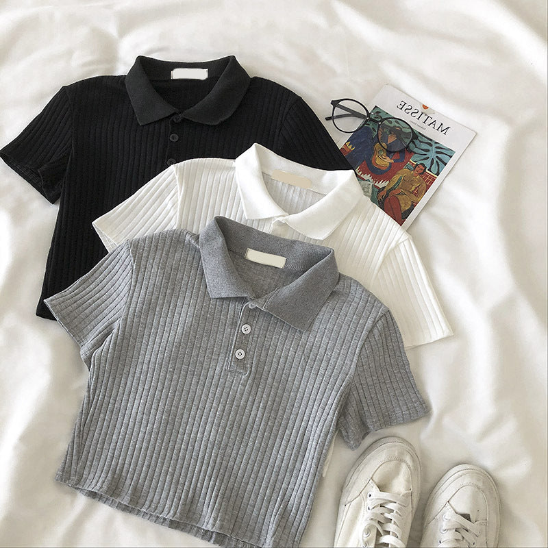 Slim Polo Collar Short Tee – Summer Ribbed Fit Top