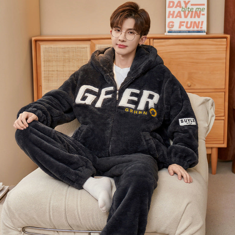 Men’s Coral Velvet Pajamas Set Winter Fleece Home Wear