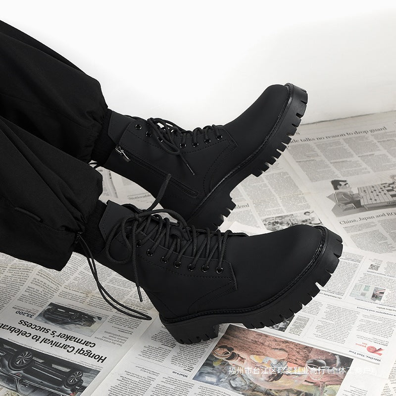 Men’s British Style Black High-Top Leather Motorcycle Boots
