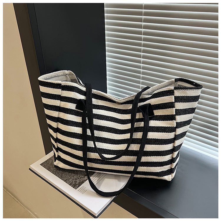STOCK-Striped Canvas Tote – Large Capacity Commuter Bag