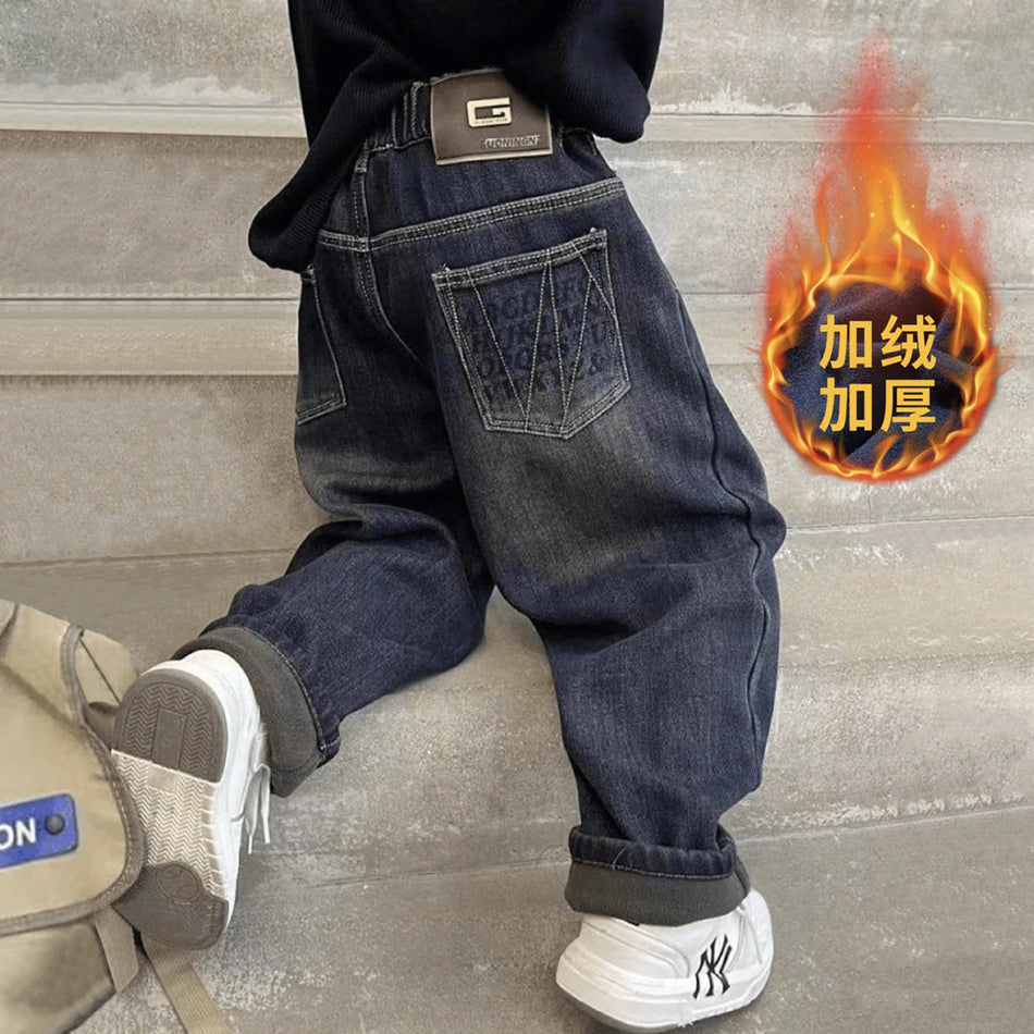 Boys Fleece Lined Jeans Spring Autumn Loose Long Pants