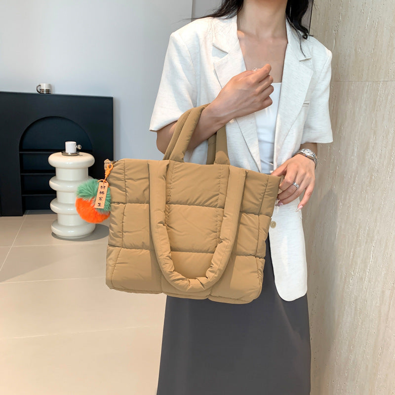 Korean Plaid Cotton Down Tote Shoulder Bag Large Women
