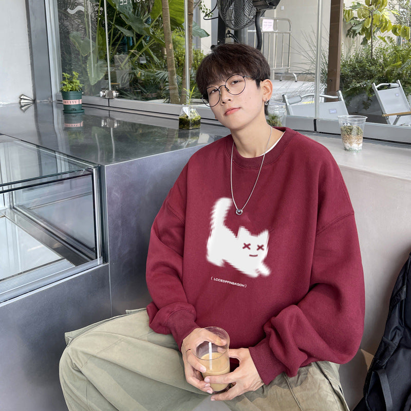 Heavyweight Fleece Lined Crewneck Sweatshirt Men Loose Top