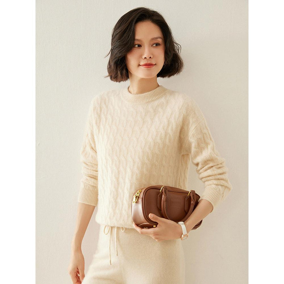 Women’s Cashmere Round Neck Twist Sweater for Winter