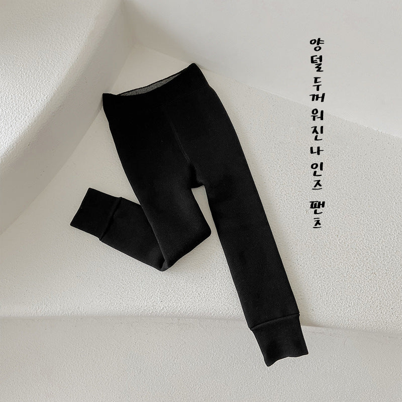 STOCK-Girls’ Velvet Warm Leggings – Striped Waist Slim Fit