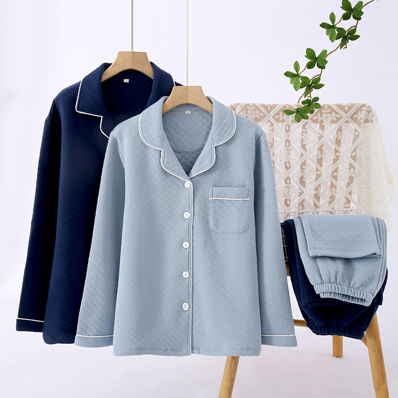 Solid Color Cotton Couple Pajamas V-Neck Breathable Warm