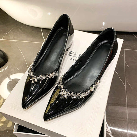 Black french style pointed toe flat shoes elegant retro women shoes