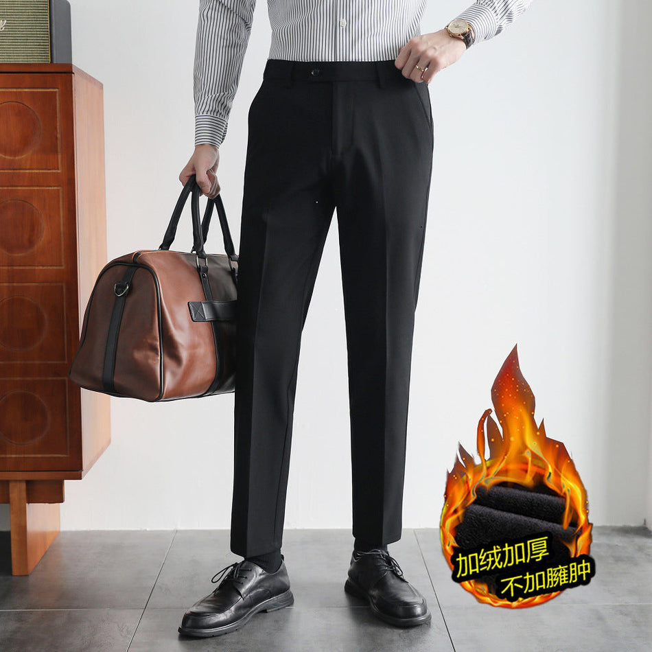Fleece-Lined Elastic Waist Slim Business Casual Suit Pants