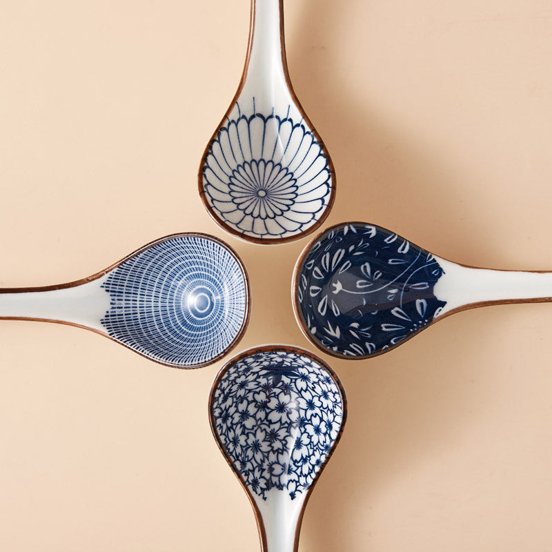 Blue White Ceramic Long Handle Spoon Japanese Style Set