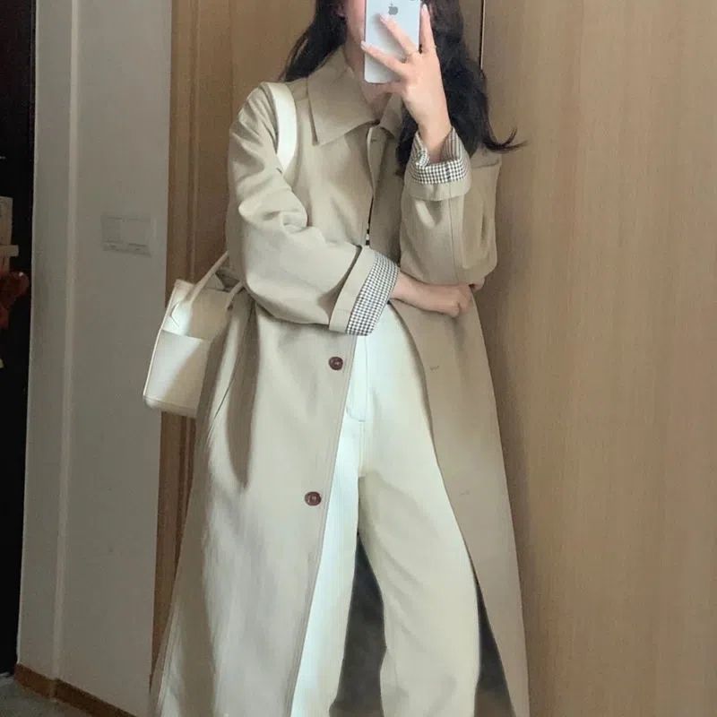 Khaki British-Style Mid-Length Trench Coat Women