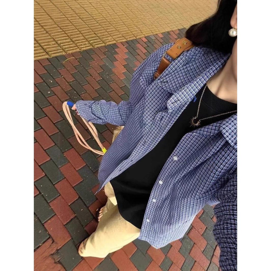Women’s Blue Plaid Shirt Jacket – Loose College Style