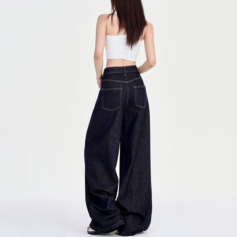 Dark Blue American Loose Wide-Leg Jeans