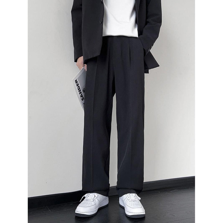 Men’s Drapey Wide-Leg Straight Casual Black Suit Trousers